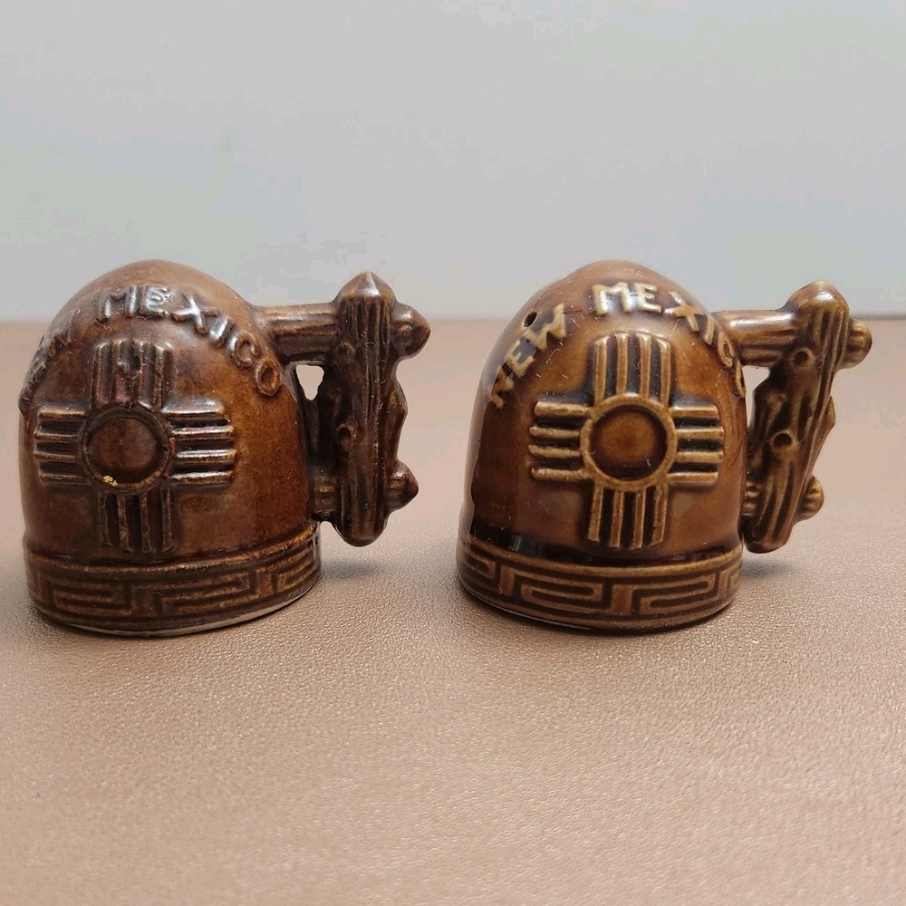New Mexico Salt and Pepper Shakers Vintage Glazed Brown With Handles